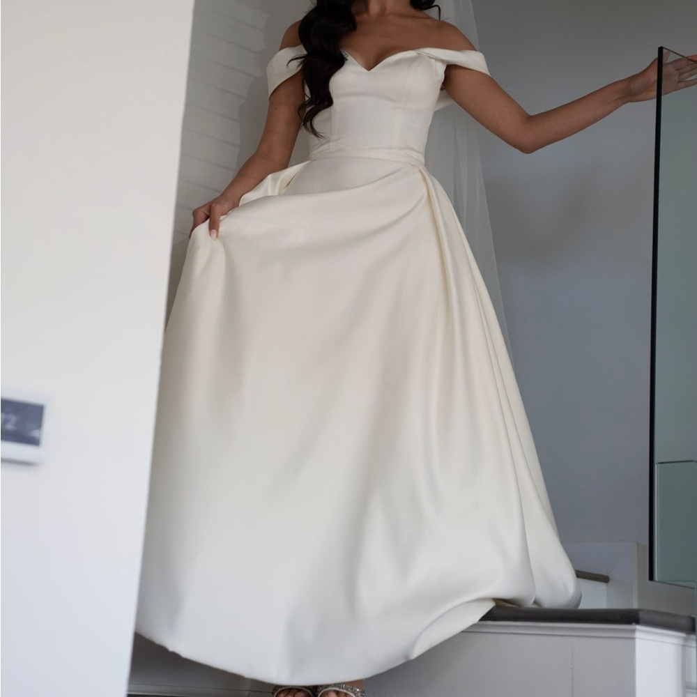 David Bridal off shoulder satin wedding gown